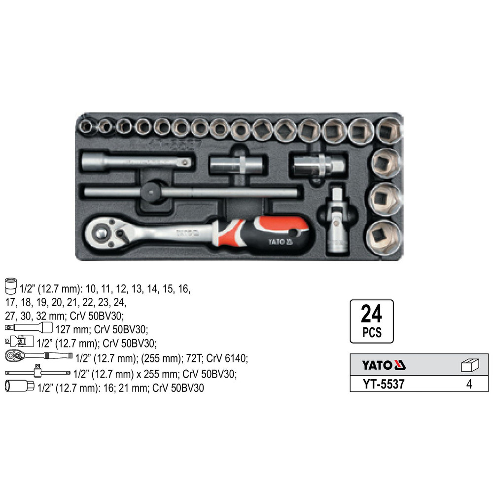 Yato Fiókbetét Dugókulcs készlet racsnis hajtókarral 1/2" (YT-5537) Yato Fiókbetét Dugókulcs készlet racsnis hajtókarral 1/2" (YT-5537)