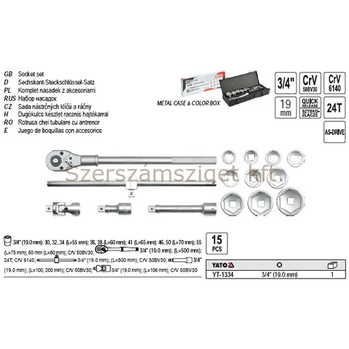 Yato Dugókulcs készlet 3/4", 15db-os (YT-1334)